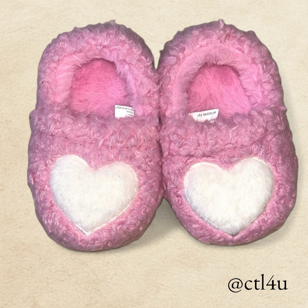 Pink Heart Fuzzy Slippers Toddler 5-6 Cozy Kawaii Cottagecore Lounge Shoes